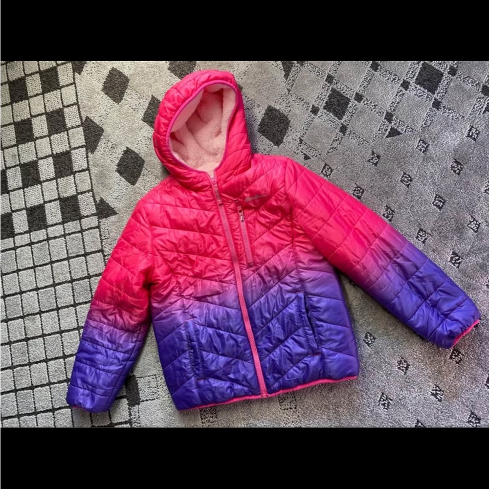 Eddie Bauer Girls' Size Lg 10/12 Reversible Plush Jacket - Pink Purple Ombre